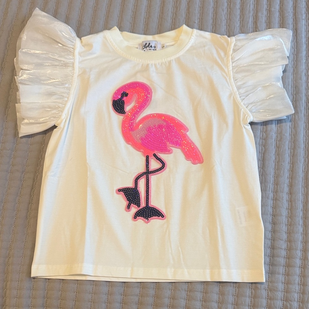 NWT Lola + The Boys Top with Pink Sequin Flamingo and Ruffle Sleeves - Size 5